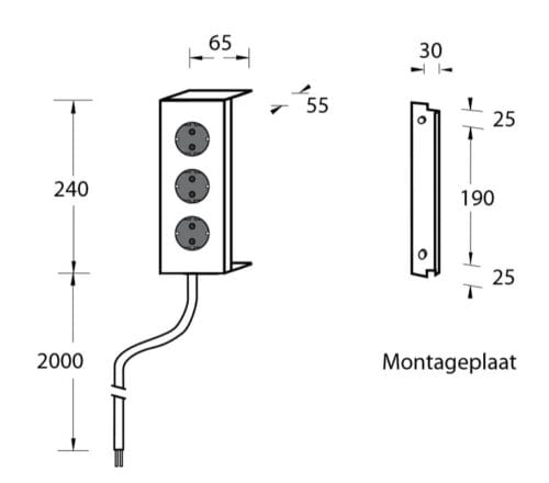 Energiezuil 3ST stopcontact RVS - keukenrepareren.nl